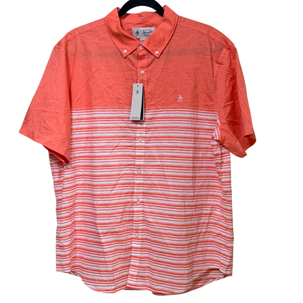 Original Penguin Mens Coral Orange Striped Short Sleeve Button Down Shirt XL NEW